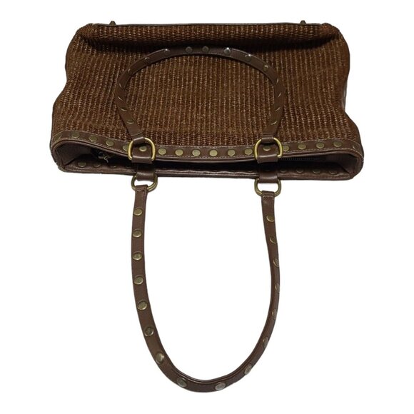 Isabelle Fiore Beaded Woven Shoulder Bag Brown Flower Rivets Pink Yellow - Picture 6 of 10